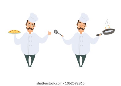 Funny characters of chef in action poses. Vector illustrations in cartoon style. Chef cartoon cooking in restaurant