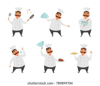 Funny characters of chef in action poses. Vector illustrations in cartoon style. Chef cartoon cooking in restaurant