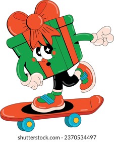  Funny characters Christmas fight box in retro cartoon style. 60s-80s vector illustration. Merry Christmas and Happy New Year.
