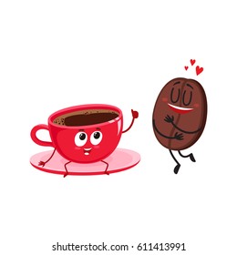 Funny characters of coffee bean showing love and espresso cup giving thumb up, cartoon vector illustration isolated on white background. Coffee bean and espresso cup characters, mascots, coffee love