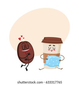 Funny characters of coffee bean showing love and glass holding a pillow, cartoon vector illustration with space for text. Coffee bean and espresso cup characters, mascots, coffee love