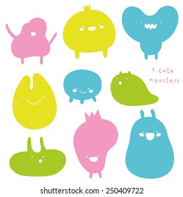 Funny characters collection. Cute cartoon smiley faces. Happy monsters