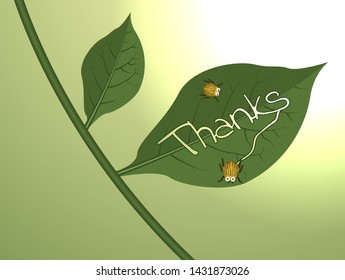 Funny characters of the Colorado potato beetle gnawed the word “Thank you” on a potato sheet. Vector illustration.