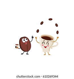 Funny characters of crazy coffee bean and juggling espresso cup, cartoon vector illustration isolated on white background. Coffee bean hands up from awe and juggling espresso cup characters, mascots