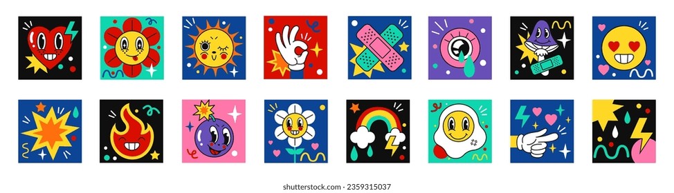 Funny characters. Cute comic graphic, happy fun eye and angry face for humor poster. Contemporary stickers, retro 90s style elements. Psychedelic art, vector abstract tidy illustration set