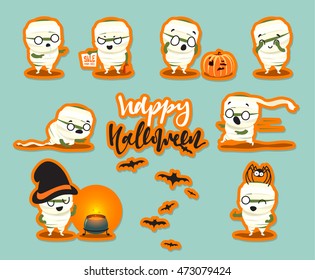 Funny characters for the day Halloween, green zombies, funny and scary mummy, cauldron and hat. Bat and spider.