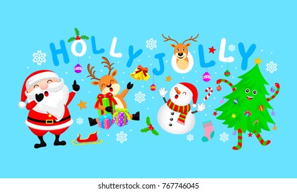 Funny Characters design with Christmas elements. Santa Claus, Snowman, Christmas tree and Reindeer. Holly jolly, Merry Christmas and Happy new year concept. Illustration isolated on blue background.