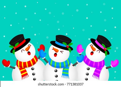 Funny Characters design, snowman raising arms. Merry Christmas and happy new year. Illustration isolated on green background.