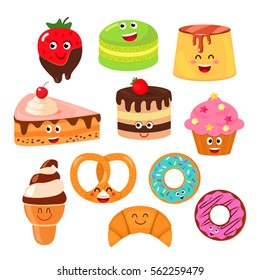 
Funny characters desserts: pudding, cake, croissants, ice cream, cake, chocolate covered strawberries, donuts. Set of funny icons. flat vector illustration isolation