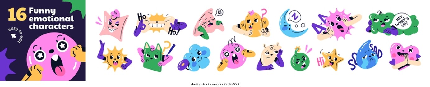 Personajes divertidos con diferentes emociones establecidas. Abstractas Formas geométricas con caras alegres, tristes y reflexivas. Emoticonos positivos y negativos. Ilustraciones vectoriales aisladas planas sobre fondo blanco
