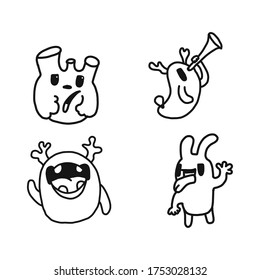 Funny characters and doodles collection. Vector illustration. for the design of t-shirts, children s clothing, fabrics, games, applications, the idea of a soft toy, the design of dishes and mugs
