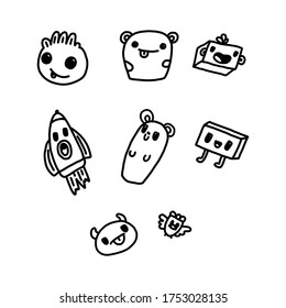 Funny characters and doodles collection. Vector illustration. for the design of t-shirts, children s clothing, fabrics, games, applications, the idea of a soft toy, the design of dishes and mugs