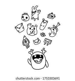 Funny characters and doodles collection. Vector illustration. for the design of t-shirts, children s clothing, fabrics, games, applications, the idea of a soft toy, the design of dishes and mugs