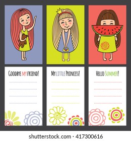 Funny characters drawn by hand. Girl with toy, a Princess and a girl with a watermelon. Colorful cards for different occasions. White background for your text.