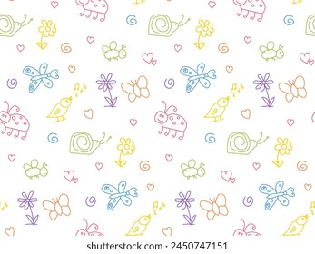Funny characters drawn in doodle style. Colorful seamless pattern. Cute children's drawings of abstract animals. Summer pattern for wallpaper, packaging, cover, fabric print