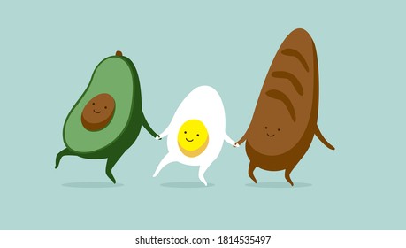 Personajes divertidos: aguacate de huevo y pan. Desayuno o sándwich de brunch. Los mejores amigos se ponen. Ilustración vectorial. Comida divertida. Ilustración de dibujos animados. Personajes elegantes y agradables. 