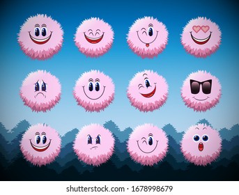 Conjunto de emoticonos de caracteres divertidos. Imagen vectorial, sonriente. Divertidas pelotas esponjosas. Fluffy emoticonos con diferentes emociones sobre un fondo forestal. Ilustración vectorial.