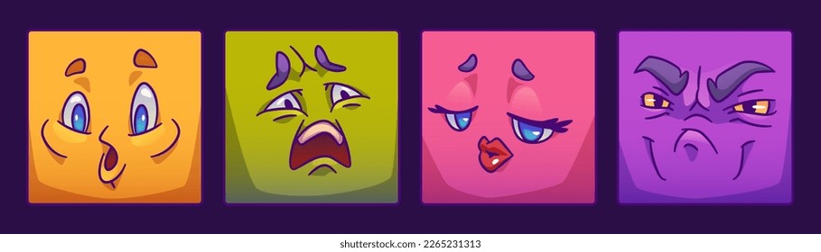Funny characters faces in square shape with mouth and eyes. Cute comic avatars of people with different emotions, vector illustration in contemporary style isolated on background