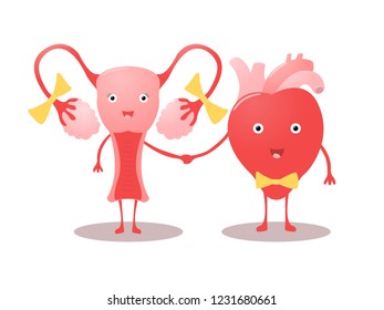 Funny characters - the female uterus in the form of a girl and the heart in the form of a boy hold hands. Vector illustration.