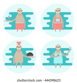 Funny characters in the form of the waiters, chefs and a bartender. The team of the restaurant, cafe. Cute sloths. Vector illustration