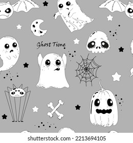 Funny characters ghosts, spiders, skeletons, bat, pumpkin. Halloween monochrome seamless pattern with hand drawn doodles for coloring pages, wrapping paper, wallpaper, backgrounds, textile prints