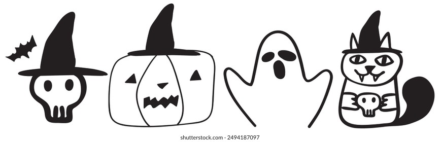 Funny characters for Halloween party. Skull, bat, scary pumpkin, ghost, evil cat. Outline vector illustrations on white background. 