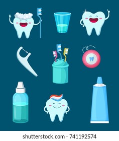 Funny characters illustration. Cartoon teeth with different emotions. Dental mascot toothpaste and toothbrush vector
