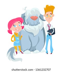 Funny characters kids in cartoon style with a big shaggy dog, bobtail. Cheerful girl welcomes, smart boy with laptop. Family. Vector illustration in cartoon style