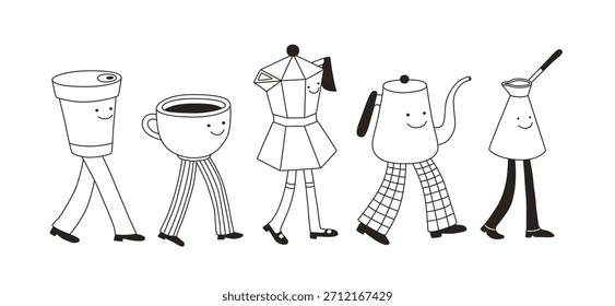 Personajes divertidos con piernas, taza de café caminando, moka pot, Filtrar pot, cafetera turca cezve. Dibujado a mano ilustración de personaje de doodle de café. Arte de línea, boceto, garabato, negro.