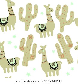 Funny characters of funny llama, cactus. Childrens fashion texture. Brown colorful scandinavian print for apparel, wrapping, fabric. Nursery seamless pattern isolated on white background.