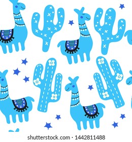 Funny characters of funny llama, cactus. Childrens fashion texture. Blue stylish scandinavian print for apparel, wrapping, fabric. Nursery seamless pattern isolated on white background.