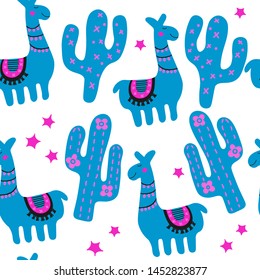 Funny characters of funny llama, cactus. Childrens fashion texture. Blue trendy scandinavian print for apparel, wrapping, fabric. Nursery seamless pattern isolated on white background.