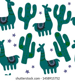 Funny characters of funny llama, cactus. Childrens fashion texture. Green trendy scandinavian print for apparel, wrapping, fabric. Nursery seamless pattern isolated on white background.