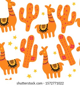 Funny characters of funny llama, cactus. Childrens fashion texture. Orange colorful scandinavian print for apparel, wrapping, fabric. Nursery seamless pattern isolated on white background.
