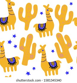 Funny characters of funny llama, cactus. Childrens fashion texture. Orange stylish scandinavian print for apparel, wrapping, fabric. Nursery seamless pattern isolated on white background.