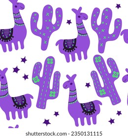 Funny characters of funny llama, cactus. Childrens fashion texture. Purple bright scandinavian print for apparel, wrapping, fabric. Nursery seamless pattern isolated on white background.