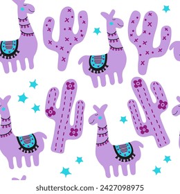 Funny characters of funny llama, cactus. Childrens fashion texture. Purple girly scandinavian print for apparel, wrapping, fabric. Nursery seamless pattern isolated on white background.
