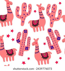 Funny characters of funny llama, cactus. Childrens fashion texture. Pink stylish scandinavian print for apparel, wrapping, fabric. Nursery seamless pattern isolated on white background.