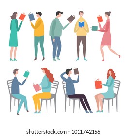 Funny characters male and female standing and reading books. Stylized vector illustrations in flat style. People reading male and female, character cartoon education and study