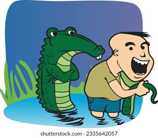 Funny Characters - Man with Alligator. Happy Cartoon Animal Characters Playing Together