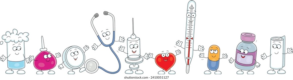 Funny characters of a medical syringe, tablet, cotton wool, aspirator, stethoscope, heart, thermometer, granule, bandage, vial, vector cartoon illustrations isolated on a white background