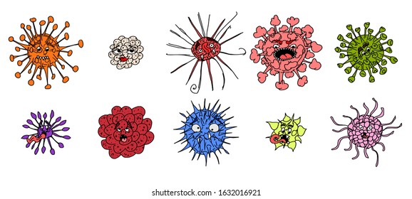 funny characters microbes and viruses. vector illustration
