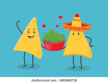 Funny characters Nachos with guacamole sauce. Nice Mexican food. Nachos chips in sombreros hats. Vector illustration.