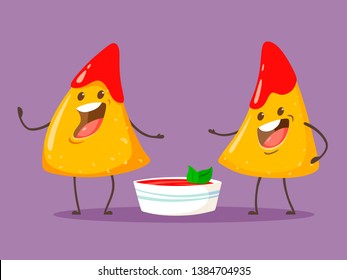 Funny characters Nachos with tomato salsa sauce. Nice mexican food. Vector illustration