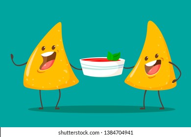 Funny characters Nachos with tomato salsa sauce. Nice mexican food. Vector illustration