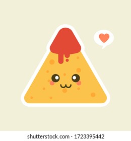 Funny characters Nachos with tomato salsa sauce. Nice mexican food. Vector illustration