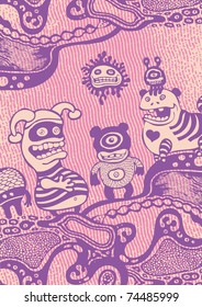 funny characters on abstract hand-drawn background. vector illustration.
