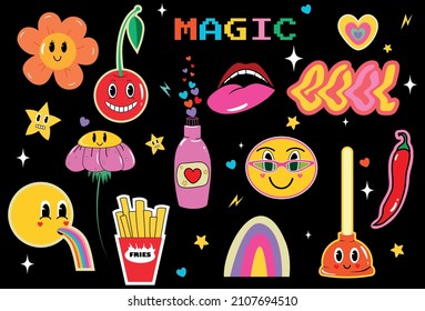 Funny characters on a black background. Modern style. Cartoon. The icons are yellow. Vector stock illustration. Stickers.