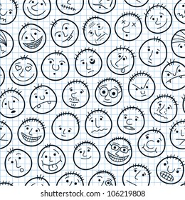 Funny characters on school paper. Seamless pattern.