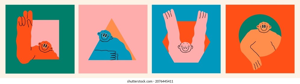 Funny characters peeping from the geometric shapes. Cute abstract creature with small head looking through holes. Cartoon style. Hand drawn trendy Vector illustration. All elements are isolated